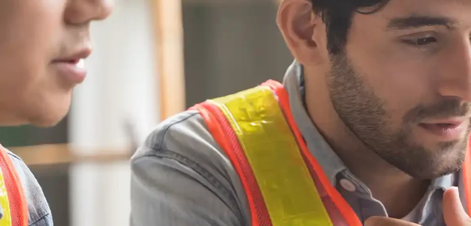 Two field engineers in hard hats review plans on a laptop during a site walk, coordinating IT cabling and electrical work.