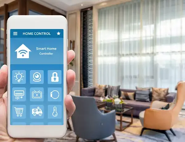 Smart‑home control app managing lighting, security and climate in a modern living room.