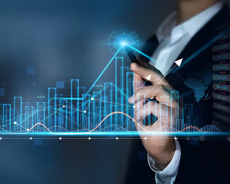 Business professional analyzing digital server performance data visualization for IT optimization and growth